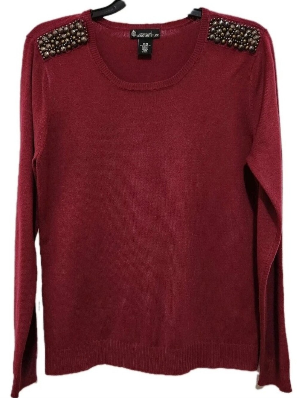 Signature Studio Women's M Scoop Neck Embellished Shoulder Sweater
